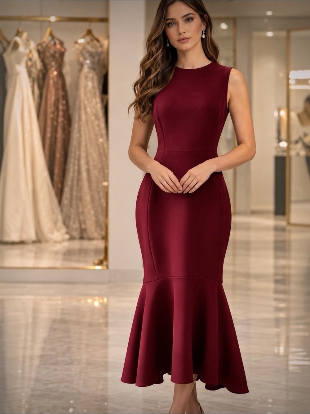 Burgundy Wine Bodycon Mermaid Midi Dress Cocktail Old Money Quiet Luxury Size 10 - Picture 4 of 6